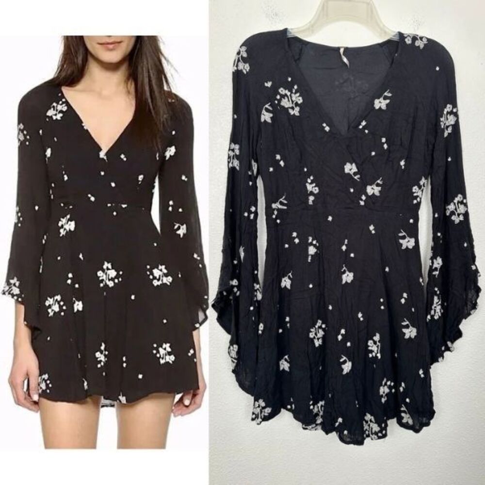 Free People Jasmine Embroidered Dress Surplice Neck Boho Witchy Black Women's 2